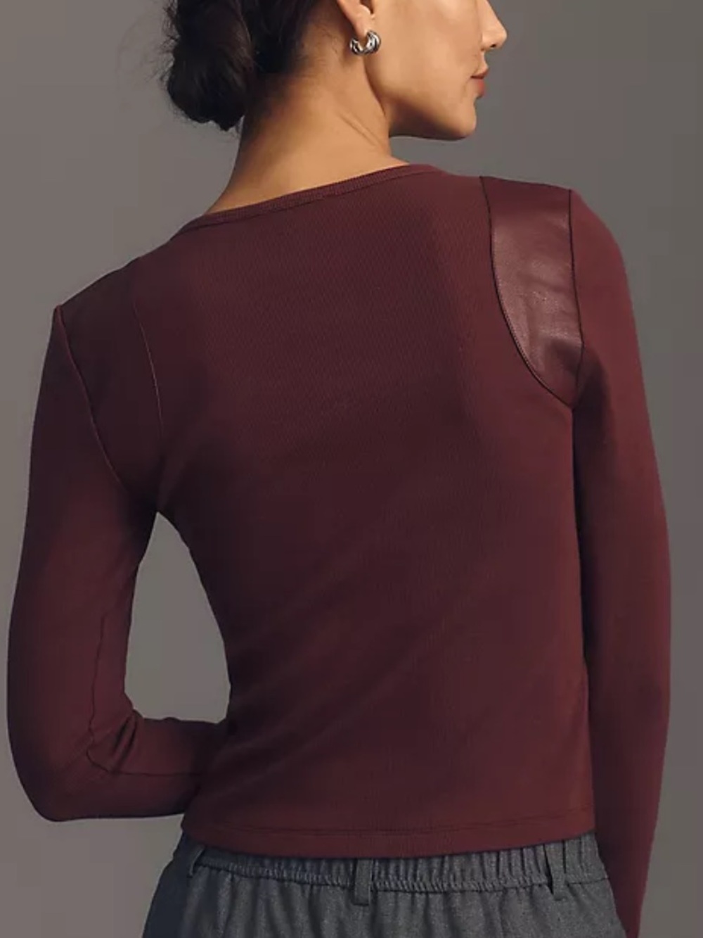 Anthropologie Faux Leather-Inset Burgundy Long-Sleeve Top